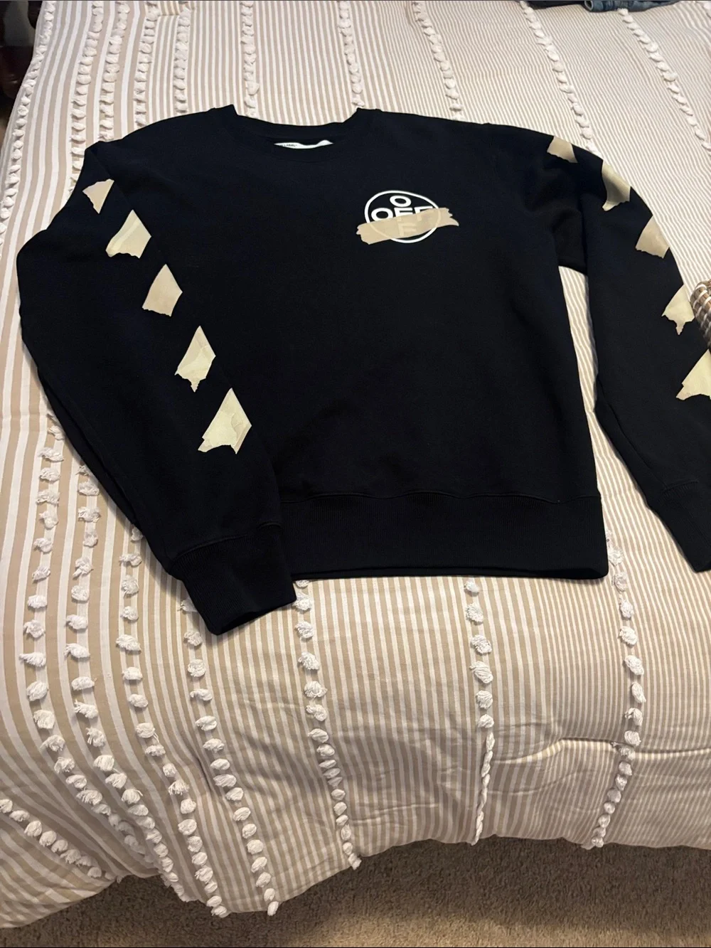 Off-White Black Crewneck with Beige Tape Chevron Details